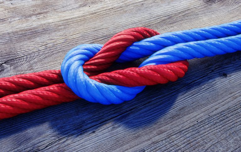 Samaritan knot consisting of a red and blue rope.
